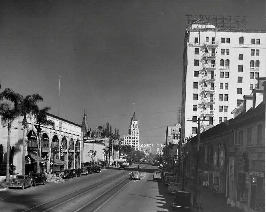 Hollywood Boulevard looking east from Orange Drive, 1939