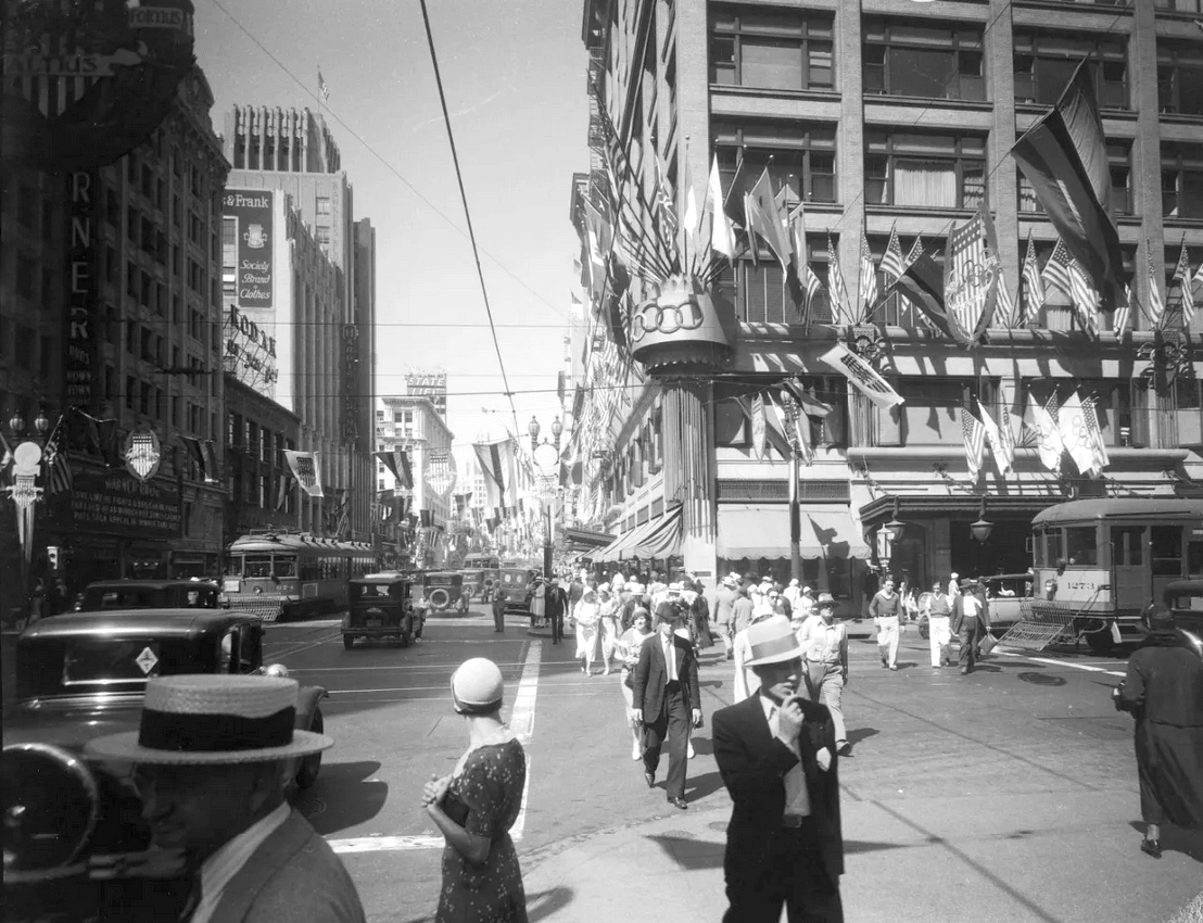 The corner of 7th and Hill Streets, downtown Los Angeles decorated for ...