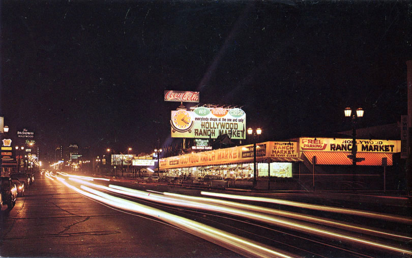 Looking north up Vine Street at night past the Hollywood Ranch