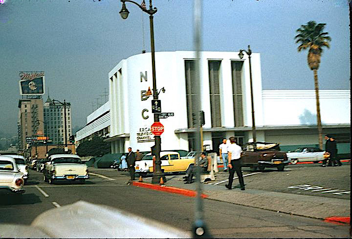 Color photo looking north up Vine St at the NBC studios at Sunset Blvd ...