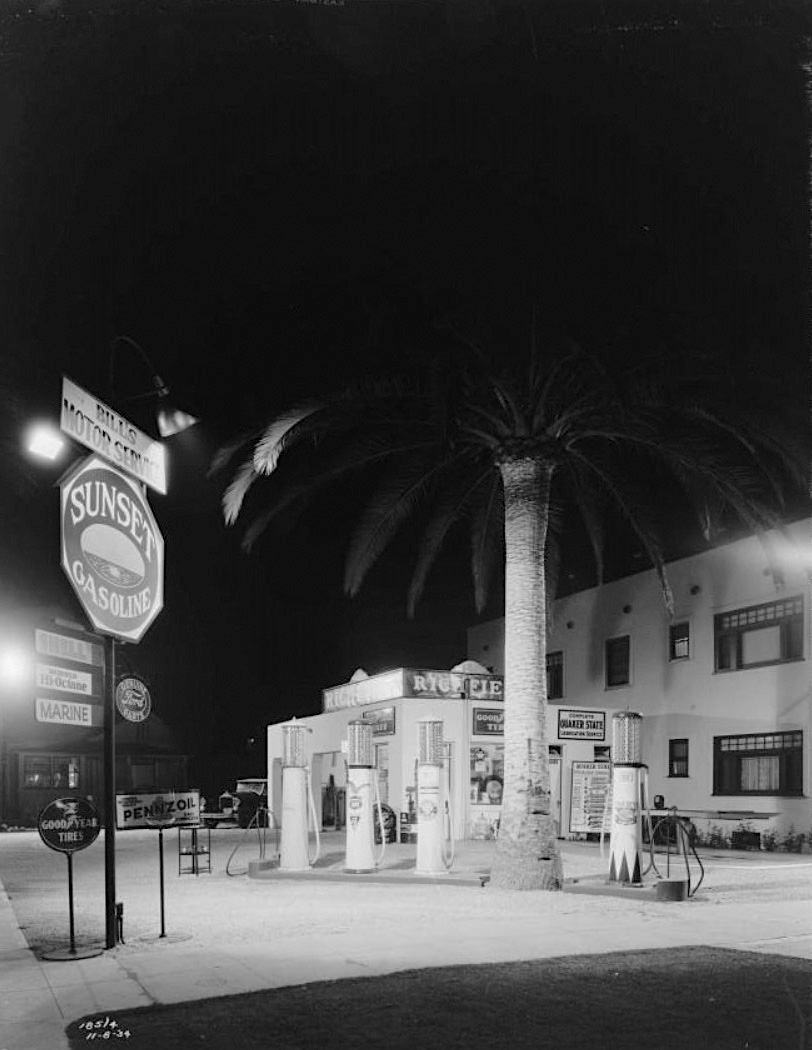 Nighttime Vintage Gas Station Photo, Hollywood, California, 1942